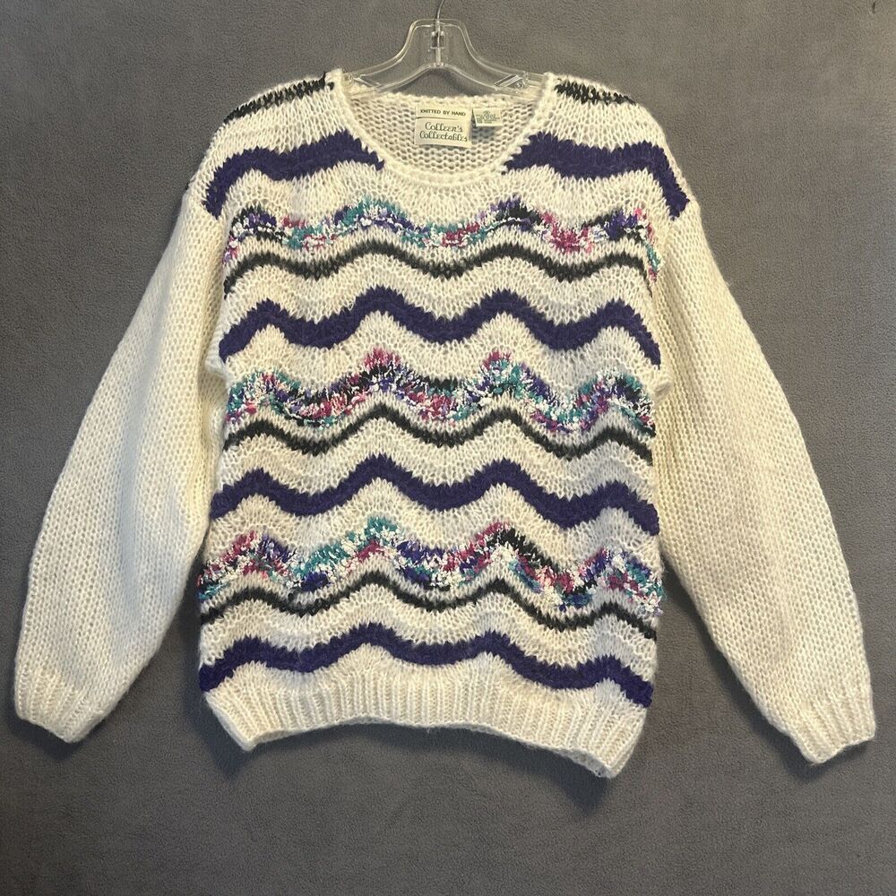 VTG Colleens Collectibles Hand Knit Acrylic Sweater Size Small Open‎ Knit 80s